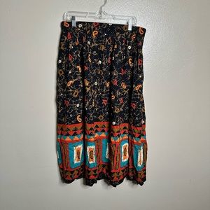 Vintage 80’s AKT Retro 60’s Print Skirt Black Multi Elastic Waist size 20
